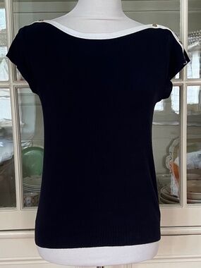 Agnes B Blue Cotton Top, Size 3 /Medium. Boatneck, Cap Sleeve, Sailor